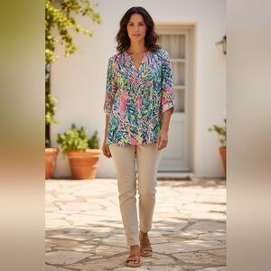 Lilly Pulitzer Pink & Blue Tropical Print V-Neck Blouse